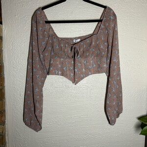 Edit By Nine Tie-Front Brown Puff-Sleeve Crop Top